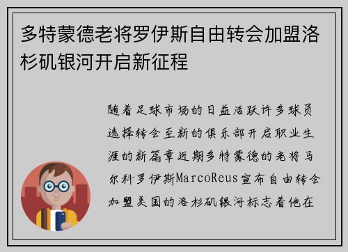 多特蒙德老将罗伊斯自由转会加盟洛杉矶银河开启新征程 多特蒙德老将罗伊斯自由转会加盟洛杉矶银河开启新征程
